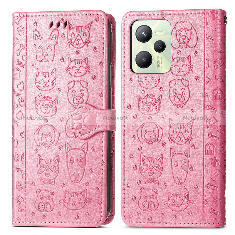 Leather Case Stands Fashionable Pattern Flip Cover Holder S03D for Realme Narzo 50A Prime Pink