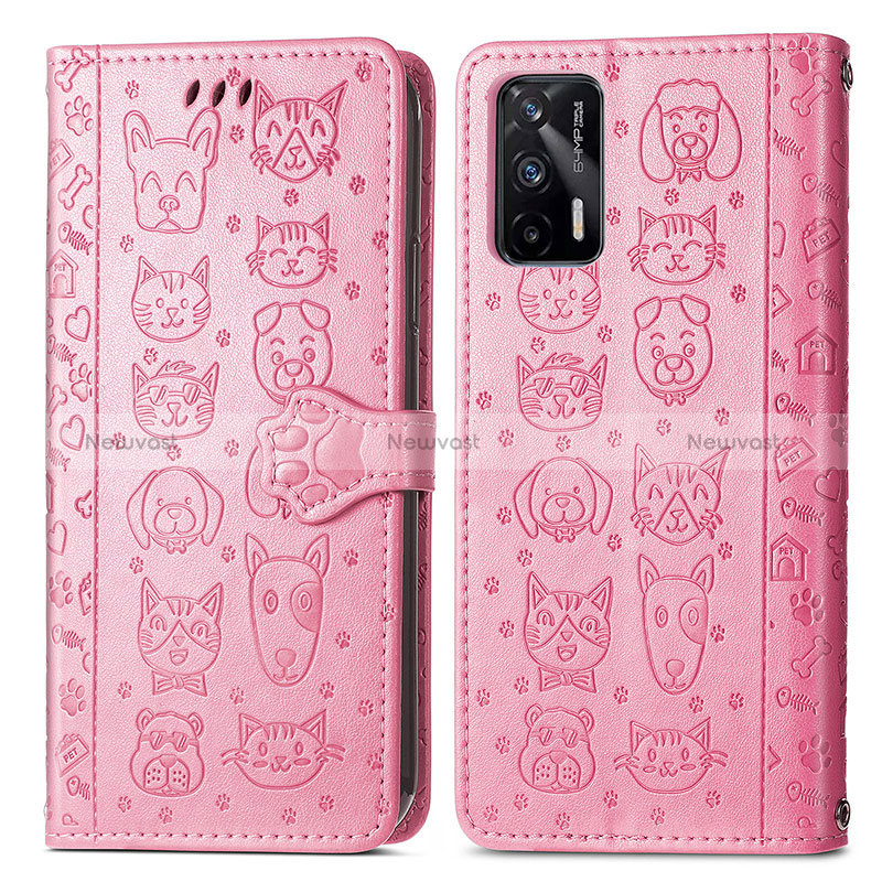 Leather Case Stands Fashionable Pattern Flip Cover Holder S03D for Realme Q3 Pro 5G Pink