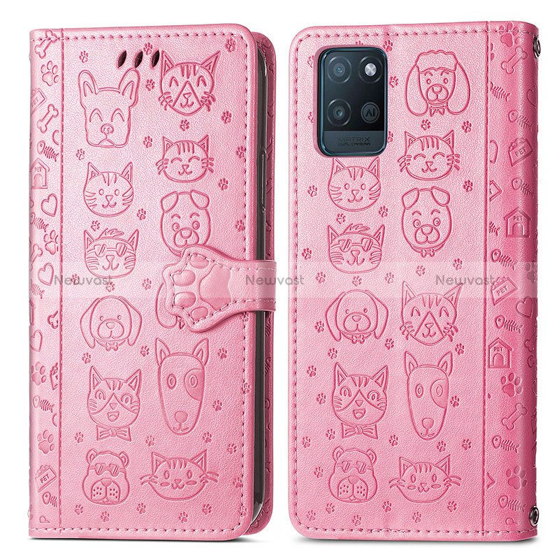 Leather Case Stands Fashionable Pattern Flip Cover Holder S03D for Realme V11 5G Pink