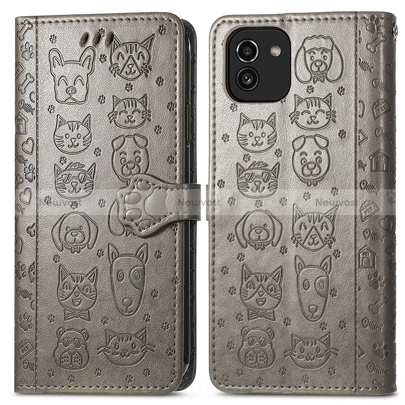 Leather Case Stands Fashionable Pattern Flip Cover Holder S03D for Samsung Galaxy A03 Gray