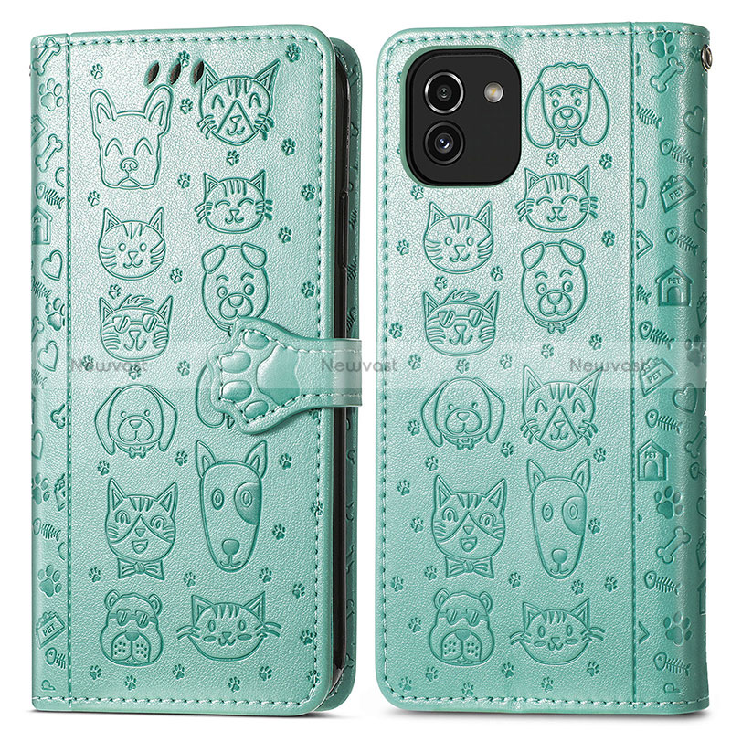 Leather Case Stands Fashionable Pattern Flip Cover Holder S03D for Samsung Galaxy A03 Green