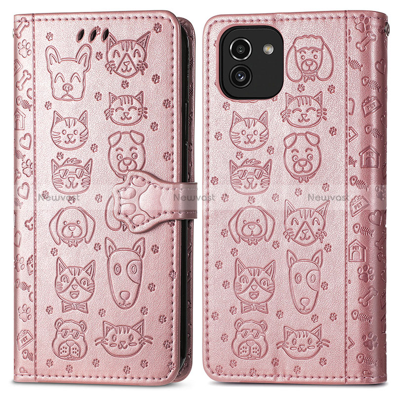 Leather Case Stands Fashionable Pattern Flip Cover Holder S03D for Samsung Galaxy A03 Pink