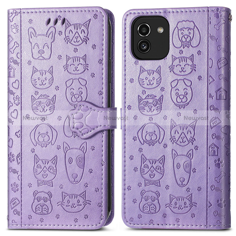 Leather Case Stands Fashionable Pattern Flip Cover Holder S03D for Samsung Galaxy A03 Purple