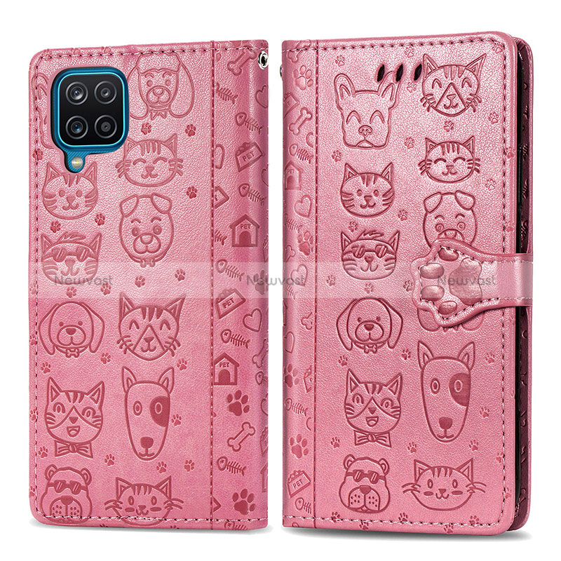 Leather Case Stands Fashionable Pattern Flip Cover Holder S03D for Samsung Galaxy A12 5G Pink