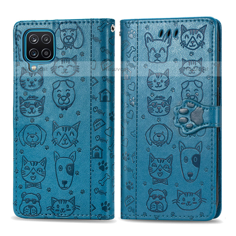 Leather Case Stands Fashionable Pattern Flip Cover Holder S03D for Samsung Galaxy A12 Blue