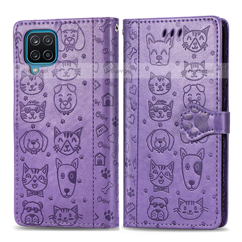 Leather Case Stands Fashionable Pattern Flip Cover Holder S03D for Samsung Galaxy A12 Purple