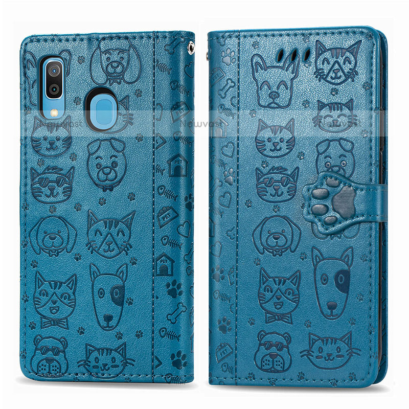 Leather Case Stands Fashionable Pattern Flip Cover Holder S03D for Samsung Galaxy A20 Blue