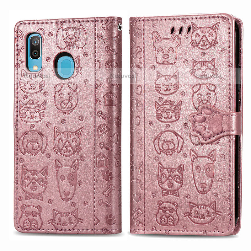 Leather Case Stands Fashionable Pattern Flip Cover Holder S03D for Samsung Galaxy A20 Pink