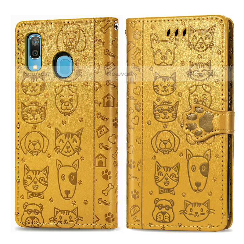 Leather Case Stands Fashionable Pattern Flip Cover Holder S03D for Samsung Galaxy A20 Yellow