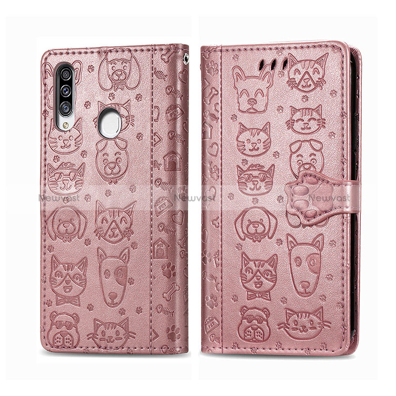 Leather Case Stands Fashionable Pattern Flip Cover Holder S03D for Samsung Galaxy A20s Pink