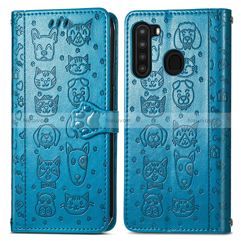 Leather Case Stands Fashionable Pattern Flip Cover Holder S03D for Samsung Galaxy A21 Blue