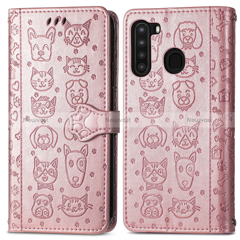 Leather Case Stands Fashionable Pattern Flip Cover Holder S03D for Samsung Galaxy A21 Pink