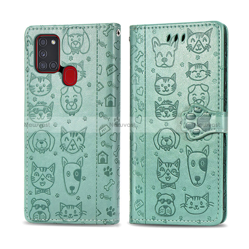 Leather Case Stands Fashionable Pattern Flip Cover Holder S03D for Samsung Galaxy A21s Green