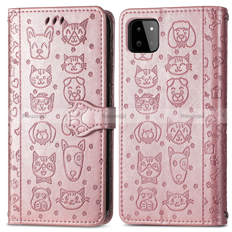 Leather Case Stands Fashionable Pattern Flip Cover Holder S03D for Samsung Galaxy A22 5G Pink