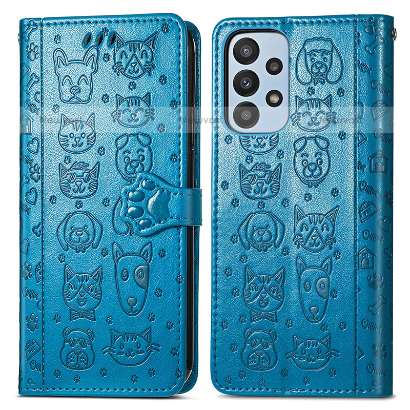 Leather Case Stands Fashionable Pattern Flip Cover Holder S03D for Samsung Galaxy A23 5G Blue