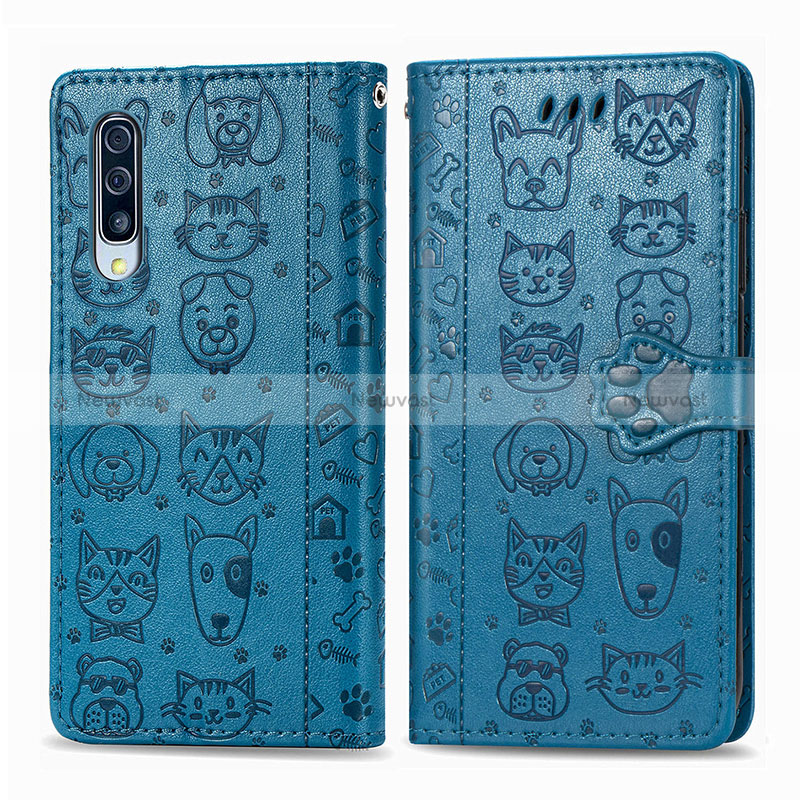 Leather Case Stands Fashionable Pattern Flip Cover Holder S03D for Samsung Galaxy A30S Blue