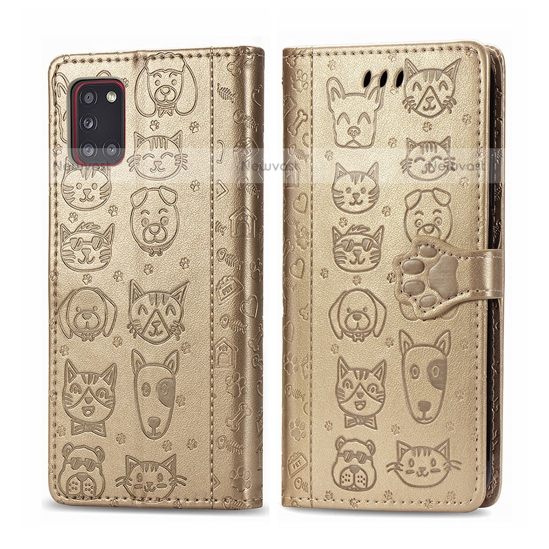 Leather Case Stands Fashionable Pattern Flip Cover Holder S03D for Samsung Galaxy A31 Gold