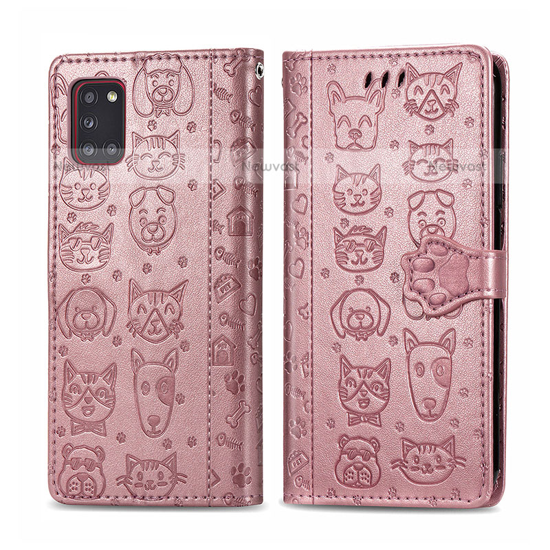 Leather Case Stands Fashionable Pattern Flip Cover Holder S03D for Samsung Galaxy A31 Pink