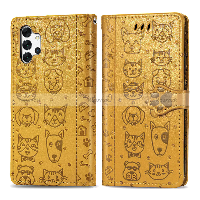 Leather Case Stands Fashionable Pattern Flip Cover Holder S03D for Samsung Galaxy A32 4G Yellow