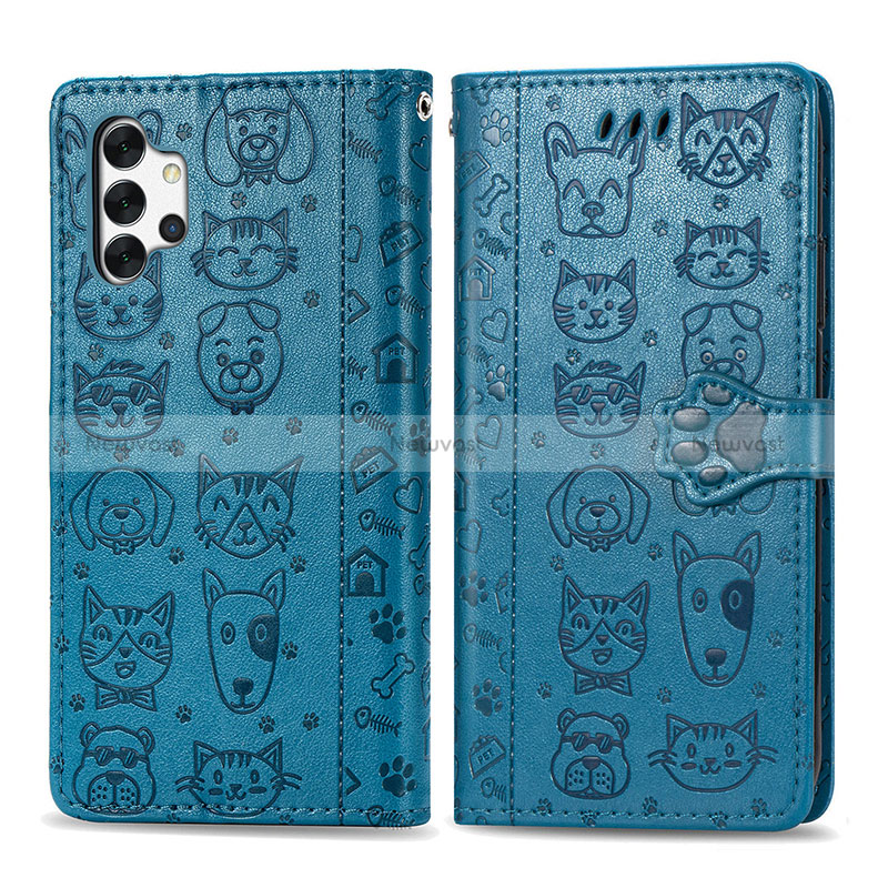 Leather Case Stands Fashionable Pattern Flip Cover Holder S03D for Samsung Galaxy A32 5G Blue