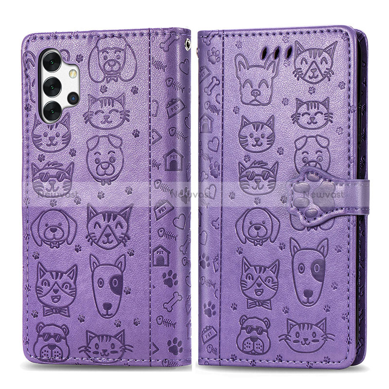 Leather Case Stands Fashionable Pattern Flip Cover Holder S03D for Samsung Galaxy A32 5G Purple
