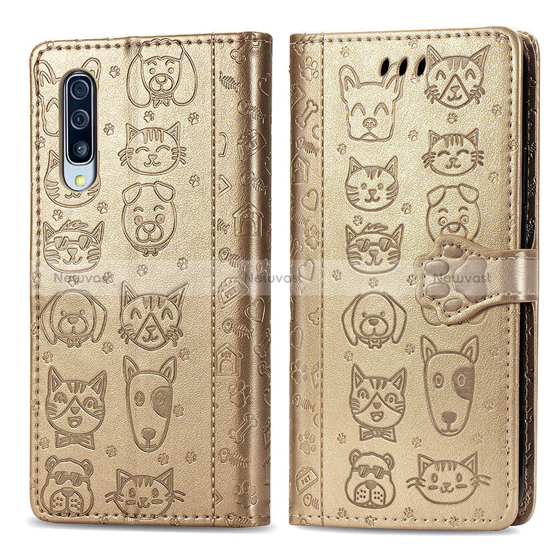 Leather Case Stands Fashionable Pattern Flip Cover Holder S03D for Samsung Galaxy A50 Gold