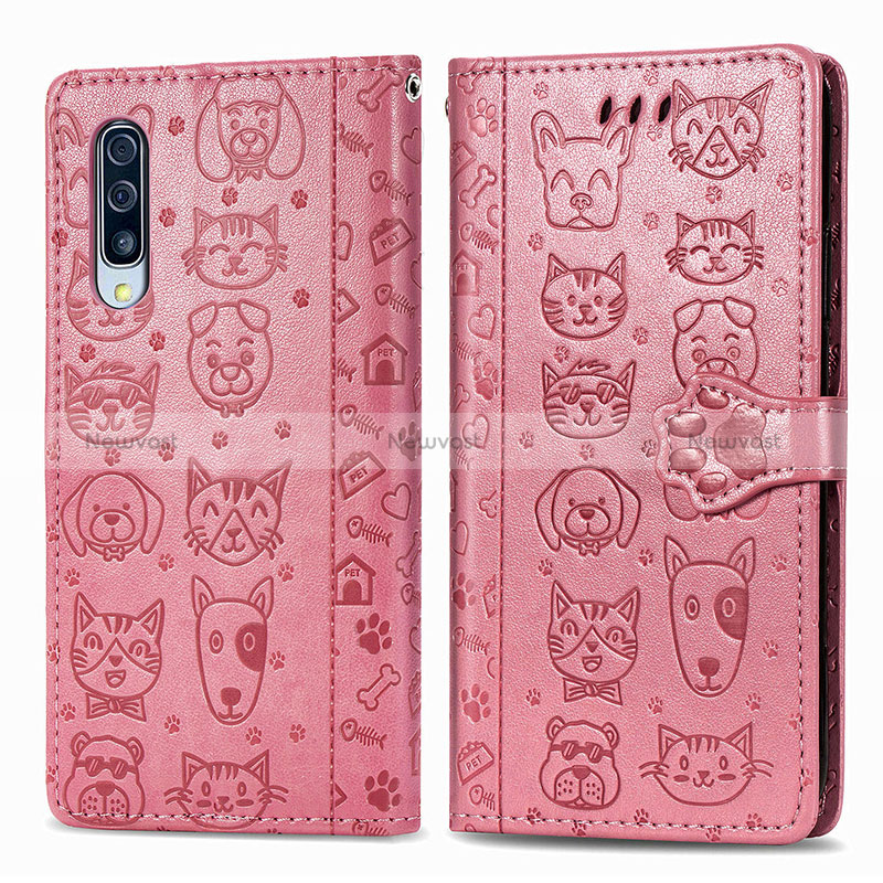 Leather Case Stands Fashionable Pattern Flip Cover Holder S03D for Samsung Galaxy A50 Rose Gold