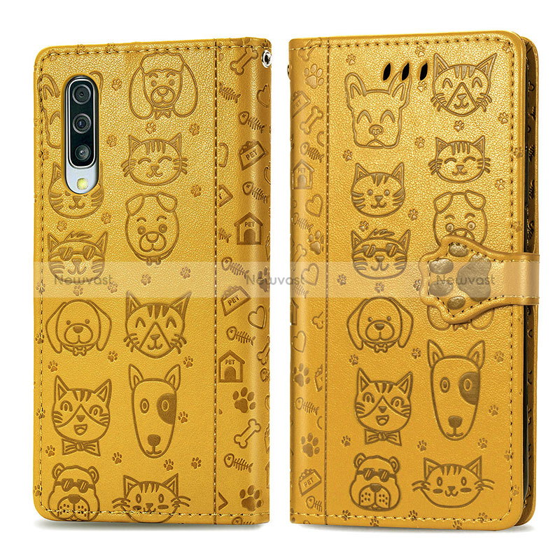 Leather Case Stands Fashionable Pattern Flip Cover Holder S03D for Samsung Galaxy A50 Yellow