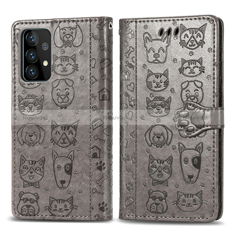 Leather Case Stands Fashionable Pattern Flip Cover Holder S03D for Samsung Galaxy A52 4G Gray