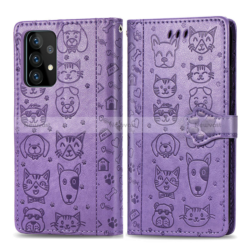 Leather Case Stands Fashionable Pattern Flip Cover Holder S03D for Samsung Galaxy A52 4G Purple