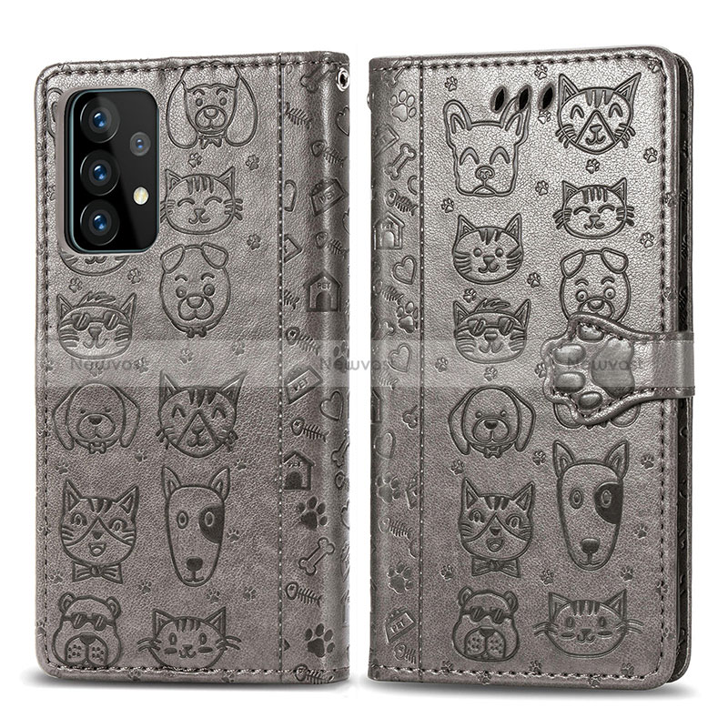 Leather Case Stands Fashionable Pattern Flip Cover Holder S03D for Samsung Galaxy A52 5G Gray