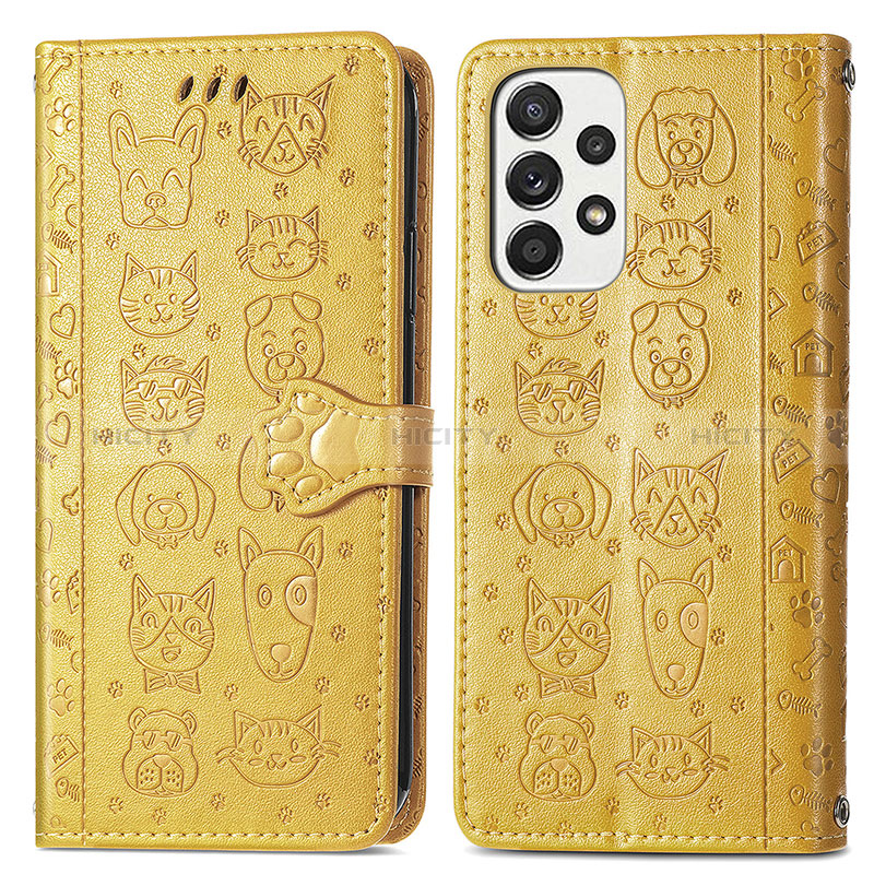 Leather Case Stands Fashionable Pattern Flip Cover Holder S03D for Samsung Galaxy A53 5G Yellow