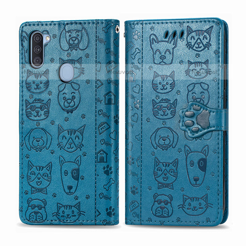 Leather Case Stands Fashionable Pattern Flip Cover Holder S03D for Samsung Galaxy M11 Blue