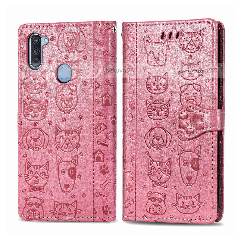 Leather Case Stands Fashionable Pattern Flip Cover Holder S03D for Samsung Galaxy M11 Pink