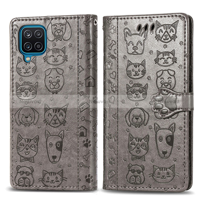 Leather Case Stands Fashionable Pattern Flip Cover Holder S03D for Samsung Galaxy M12 Gray