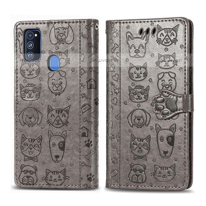 Leather Case Stands Fashionable Pattern Flip Cover Holder S03D for Samsung Galaxy M30s Gray