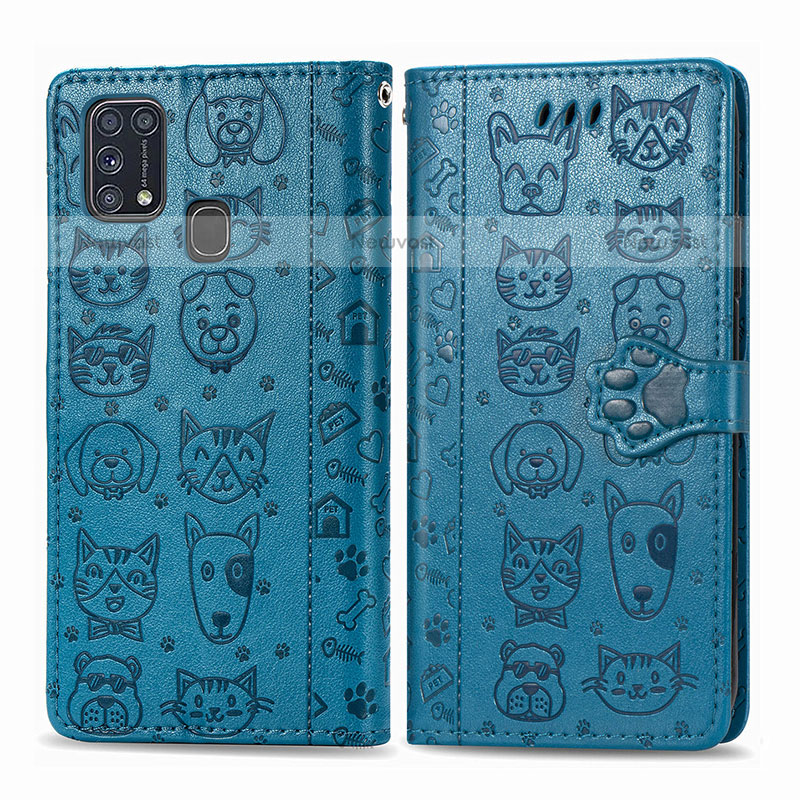 Leather Case Stands Fashionable Pattern Flip Cover Holder S03D for Samsung Galaxy M31 Blue