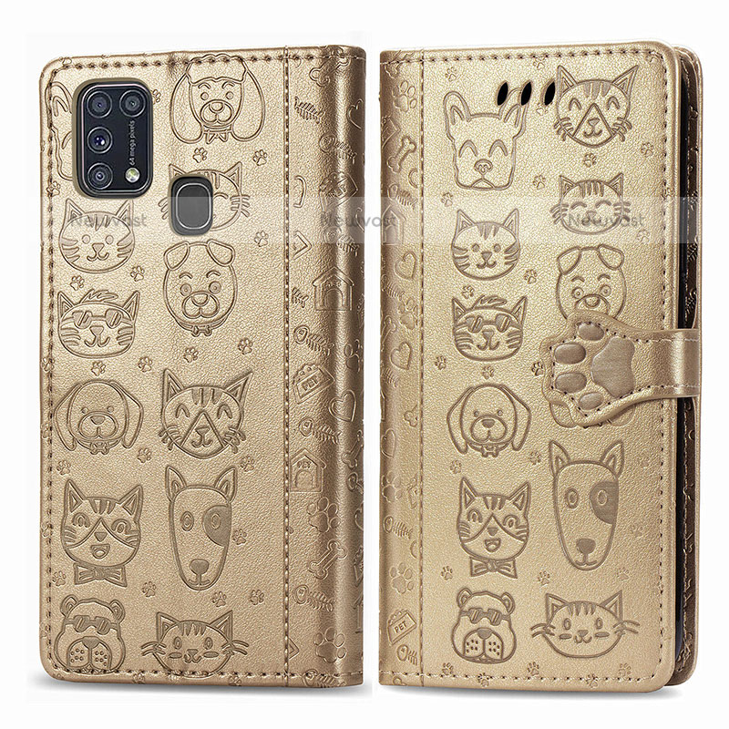 Leather Case Stands Fashionable Pattern Flip Cover Holder S03D for Samsung Galaxy M31 Gold