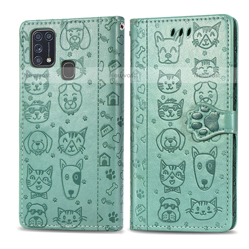 Leather Case Stands Fashionable Pattern Flip Cover Holder S03D for Samsung Galaxy M31 Green