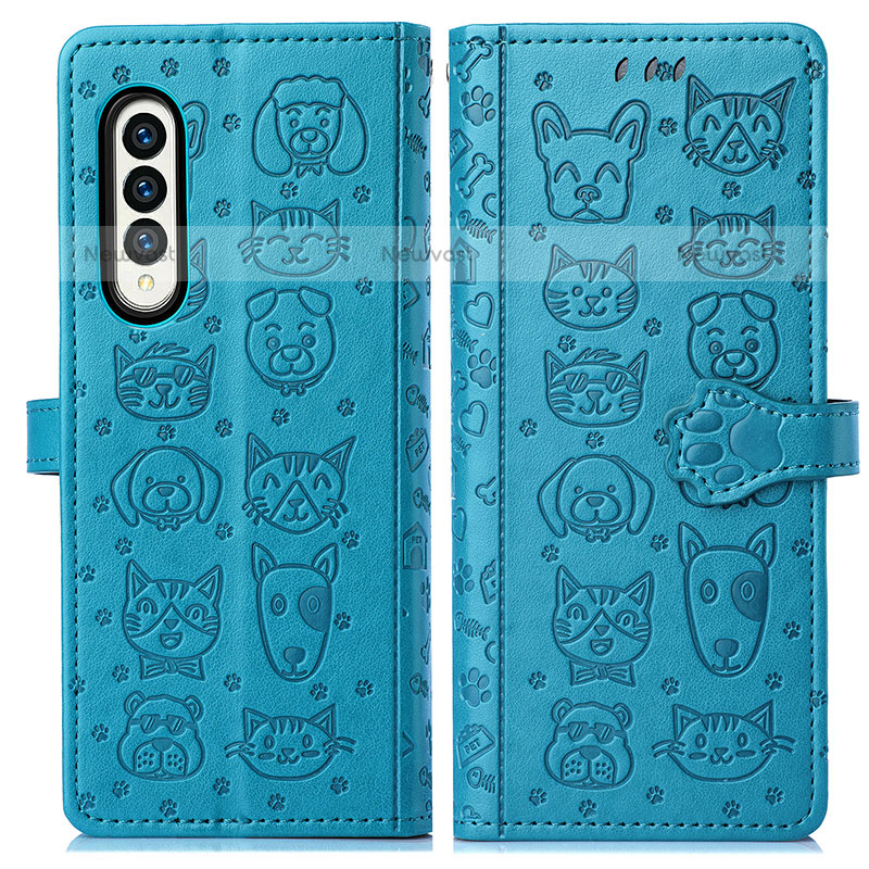 Leather Case Stands Fashionable Pattern Flip Cover Holder S03D for Samsung Galaxy Z Fold3 5G Blue