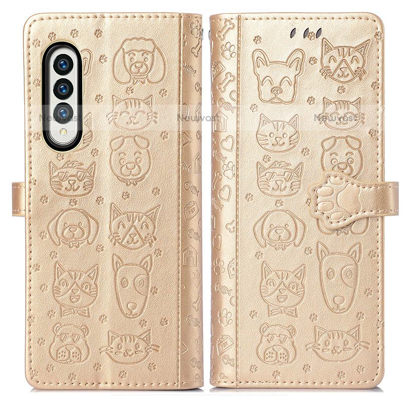 Leather Case Stands Fashionable Pattern Flip Cover Holder S03D for Samsung Galaxy Z Fold3 5G Gold