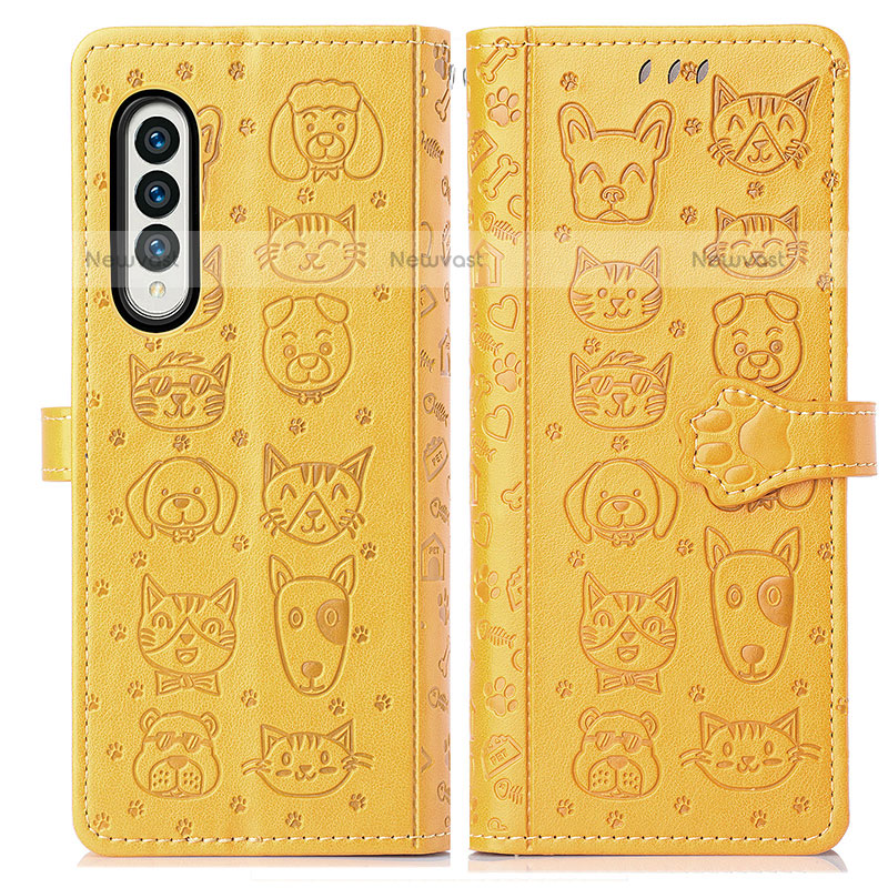 Leather Case Stands Fashionable Pattern Flip Cover Holder S03D for Samsung Galaxy Z Fold3 5G Yellow