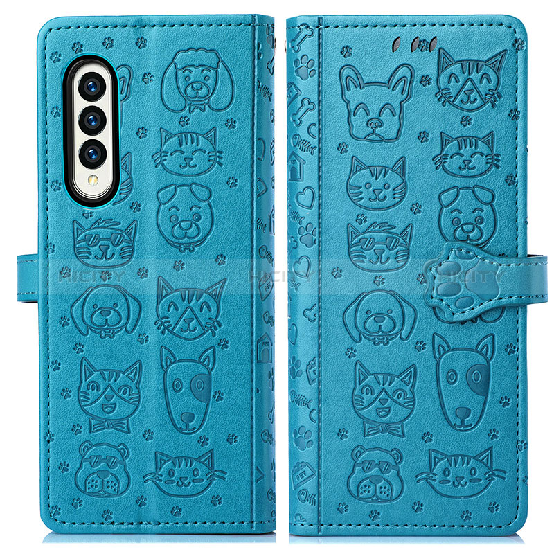 Leather Case Stands Fashionable Pattern Flip Cover Holder S03D for Samsung Galaxy Z Fold4 5G Blue