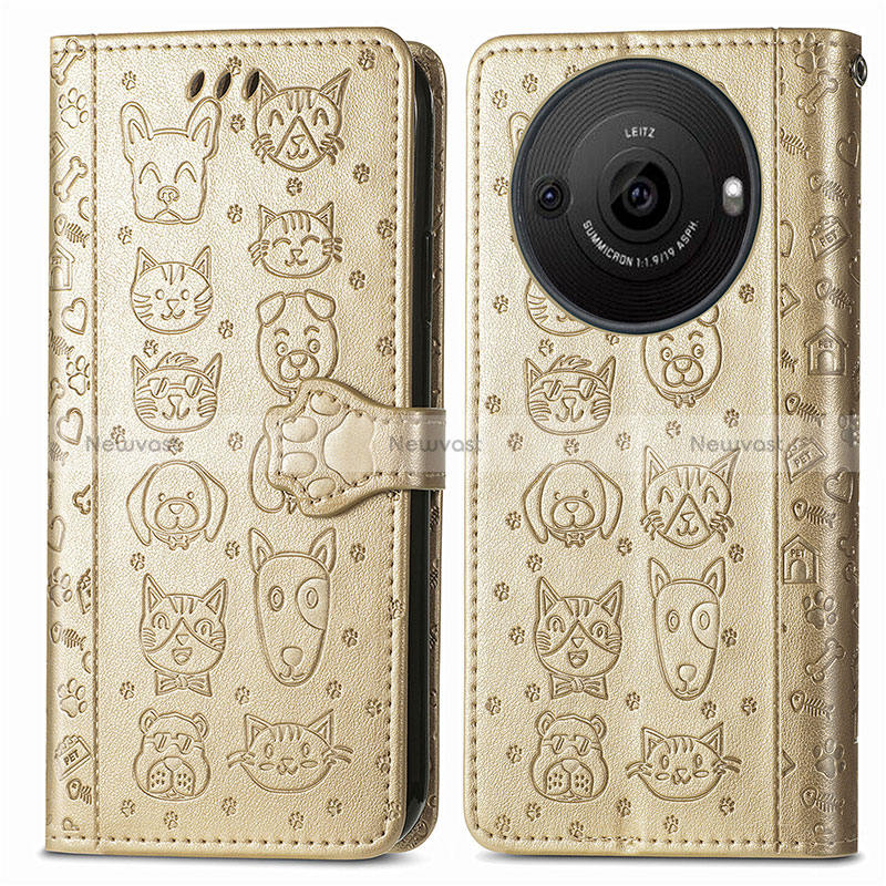 Leather Case Stands Fashionable Pattern Flip Cover Holder S03D for Sharp Aquos R8 Pro Gold