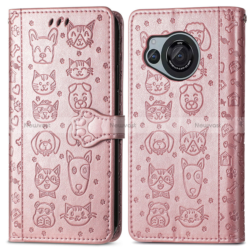 Leather Case Stands Fashionable Pattern Flip Cover Holder S03D for Sharp Aquos R8 Rose Gold