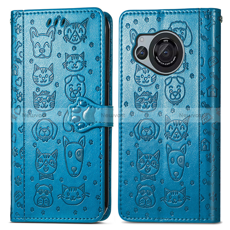 Leather Case Stands Fashionable Pattern Flip Cover Holder S03D for Sharp Aquos R8s Blue