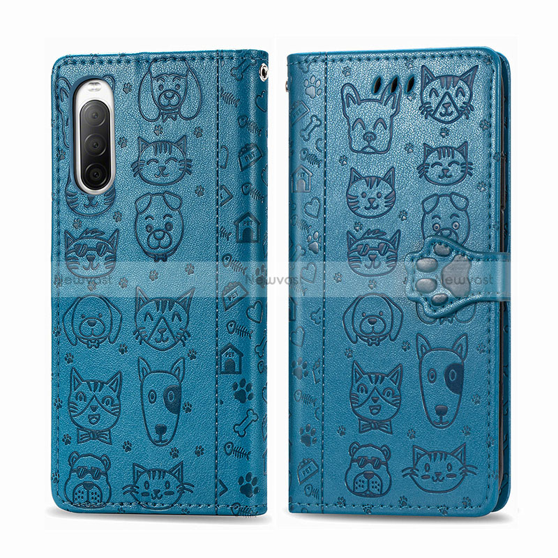 Leather Case Stands Fashionable Pattern Flip Cover Holder S03D for Sony Xperia 10 II Blue