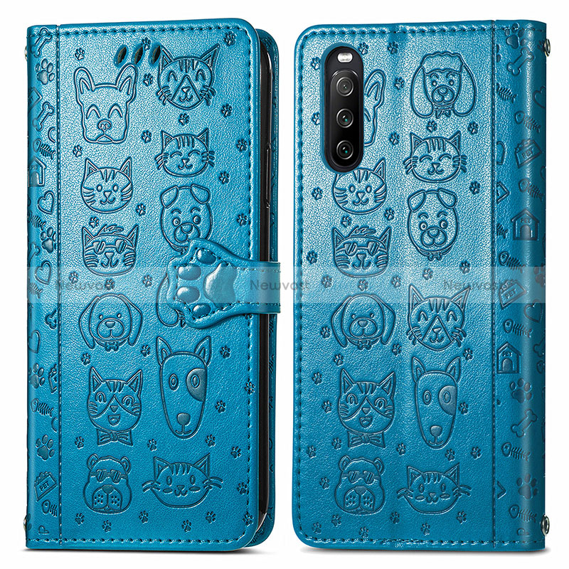 Leather Case Stands Fashionable Pattern Flip Cover Holder S03D for Sony Xperia 10 III SO-52B Blue