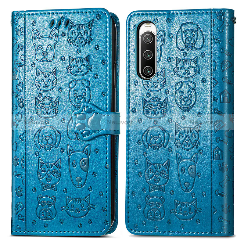 Leather Case Stands Fashionable Pattern Flip Cover Holder S03D for Sony Xperia 10 V Blue