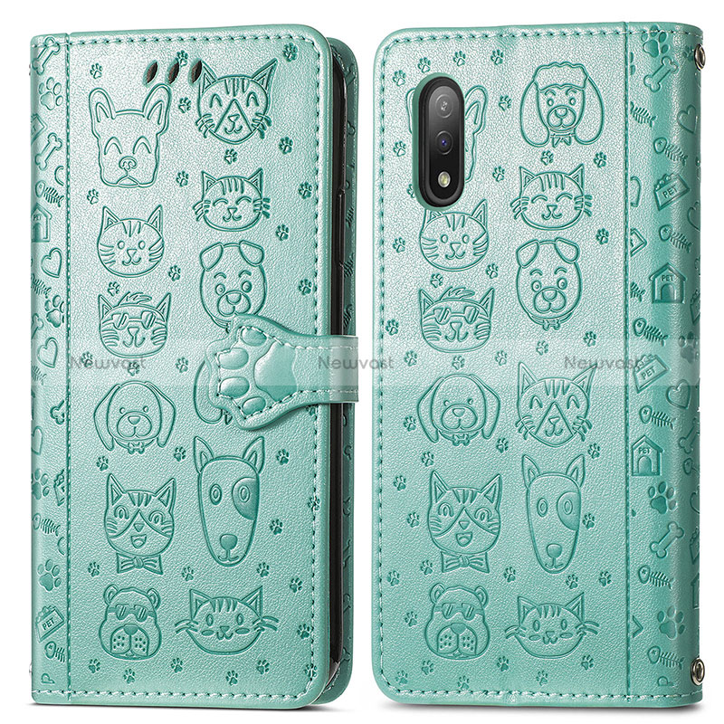 Leather Case Stands Fashionable Pattern Flip Cover Holder S03D for Sony Xperia Ace II SO-41B Green